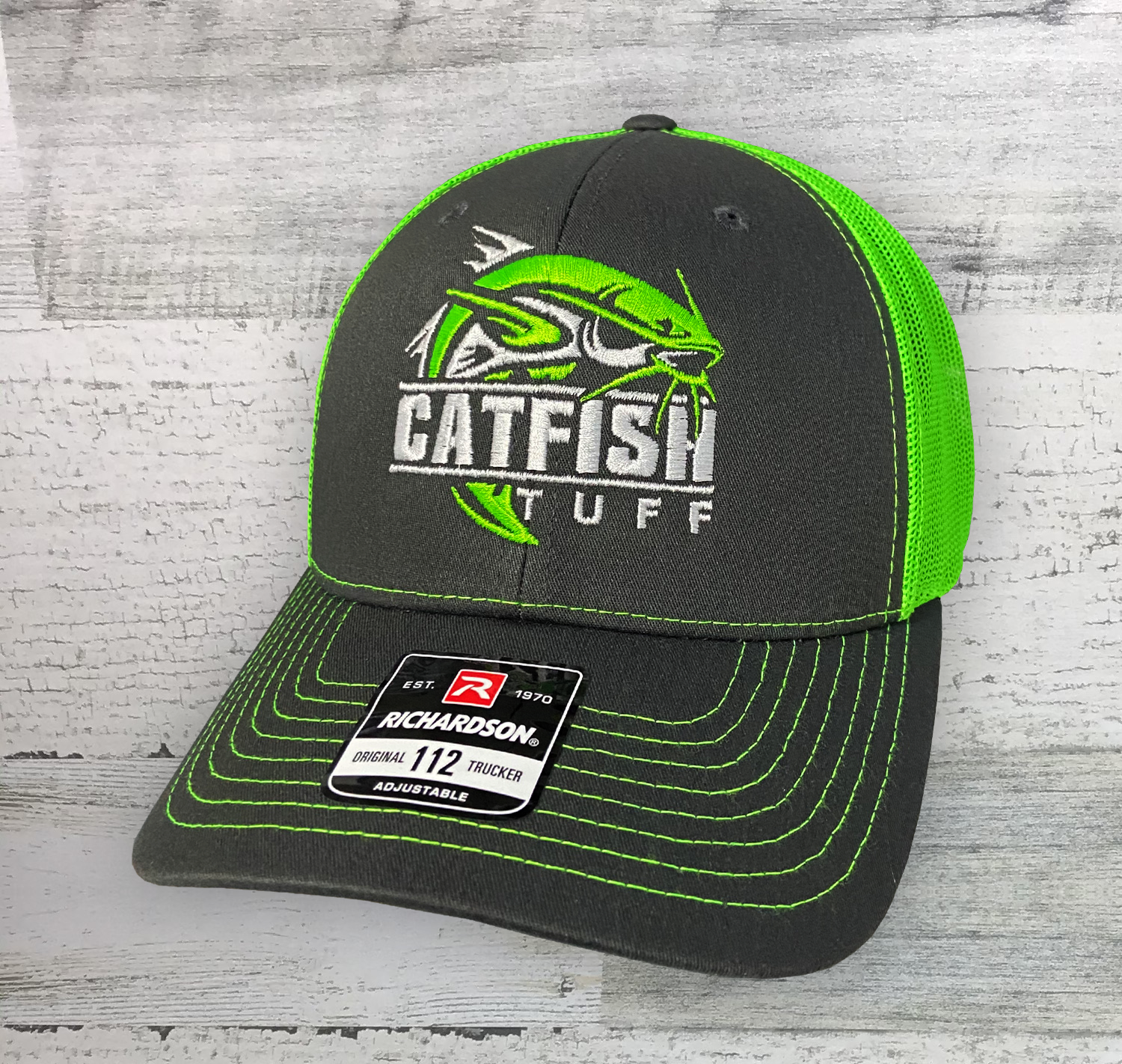 CATFISH TUFF - Fishing Hat - Neon - Charcoal/Neon Green Trucker Cap - -  Hook & Drag