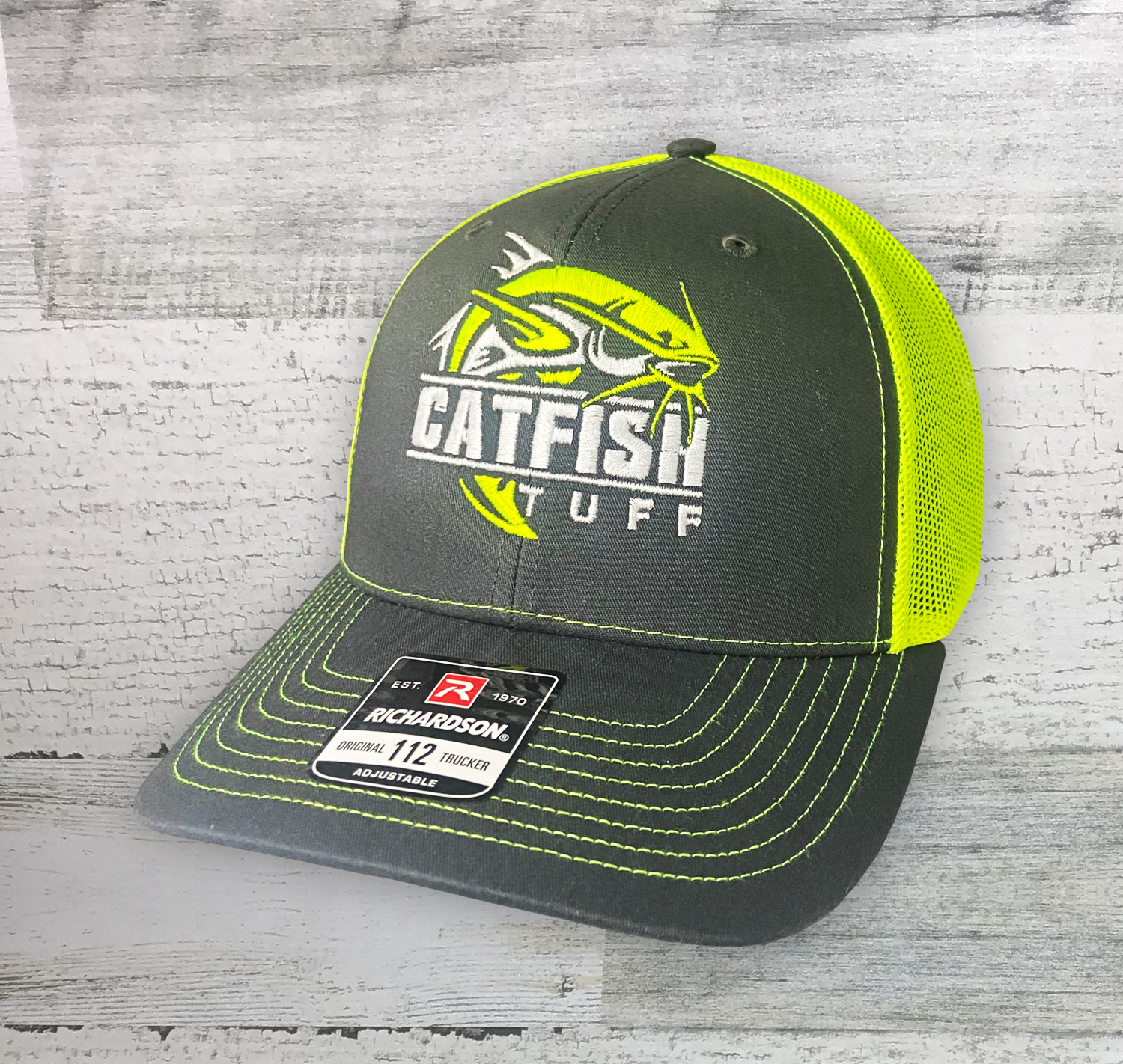 CATFISH TUFF - Fishing Hat - Neon - Charcoal/Neon Yellow Trucker Cap - snap back