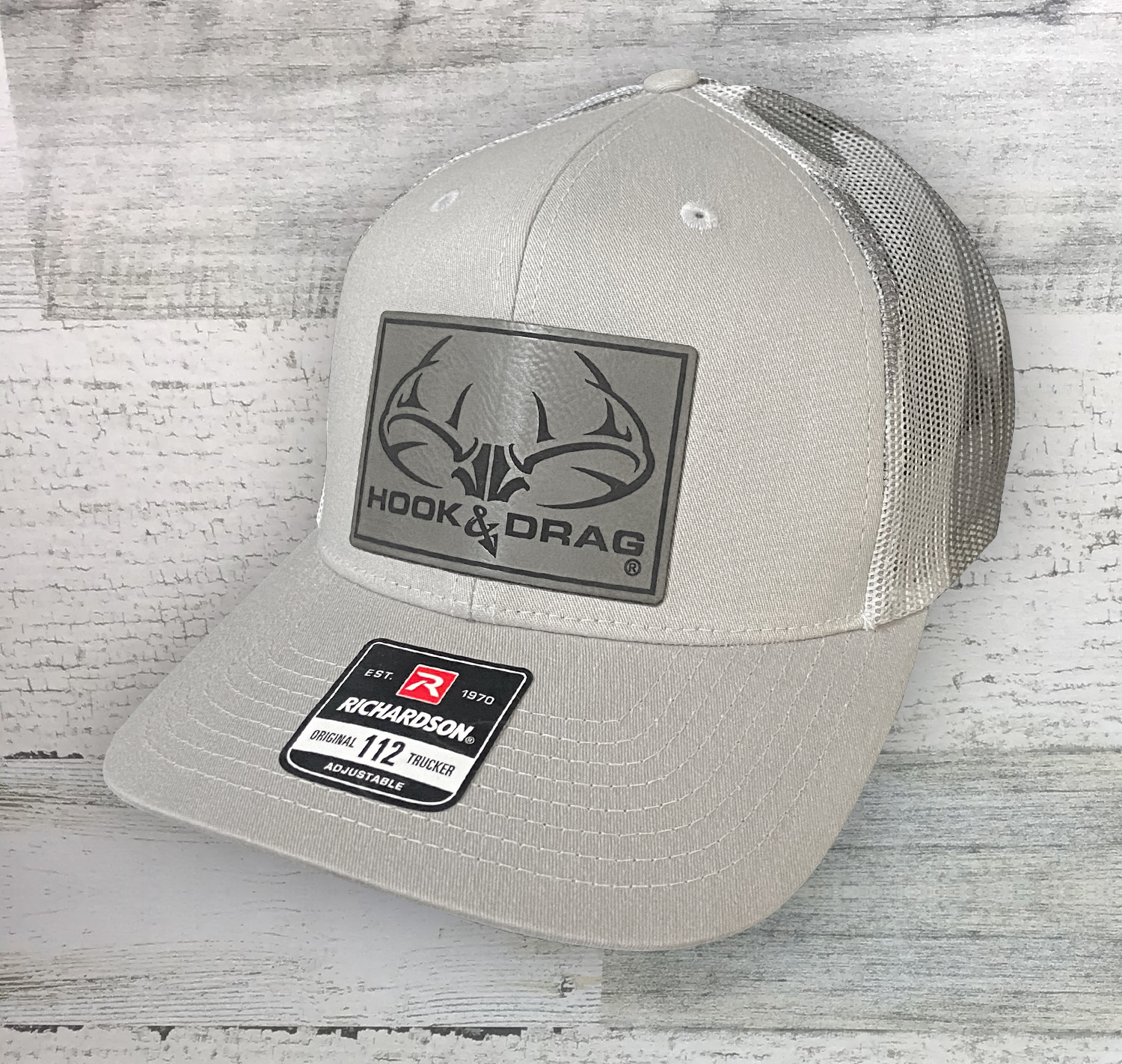 HD Big Buck Camo Leather Patch -Richardson Snap back Trucker Cap - Heather Gray and White Camo