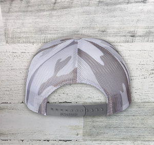 HD Big Buck Camo Leather Patch -Richardson Snap back Trucker Cap - Heather Gray and White Camo