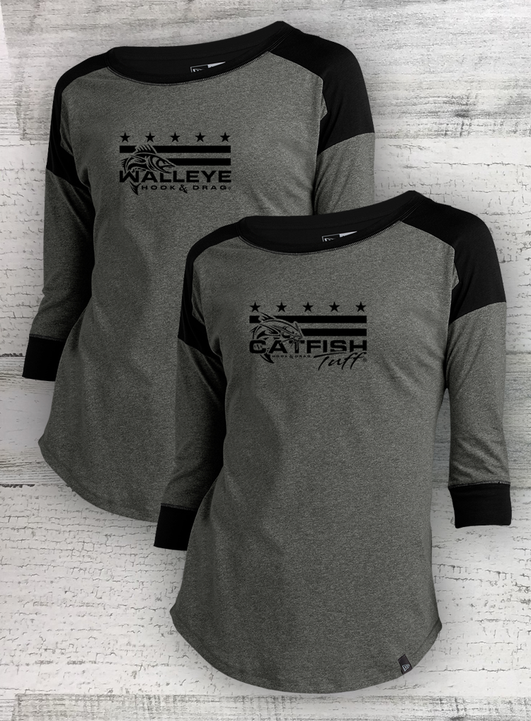 HD Fish -  Mericana -Ladies Heritage Blend Black Twist 3/4-Sleeve Baseball Raglan Tee - Catfish, Walleye, Crappie, Bass