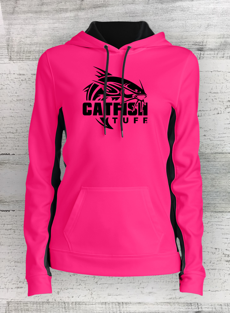 Catfish Tuff Modern Retro Neon Pink/Black Ladies Sport-Wick® Fleece Colorblock Hooded Pullover