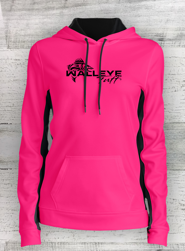 Walleye Tuff Sport Series Neon Pink Black Ladies Sport Wick Fleece Colorblock Hooded Pullover