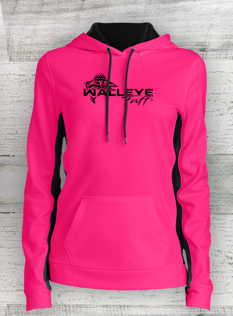 Walleye Tuff Sport Series Neon Pink/Black Ladies Sport-Wick® Fleece Colorblock Hooded Pullover