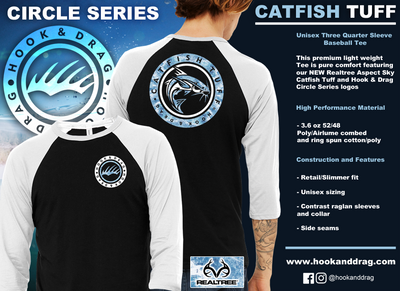 Unisex 3/4 Sleeve Baseball Tee - Realtree Aspect Sky Circle Series - Fishing Shirt -Catfish Tuff - Catfish Shirt -