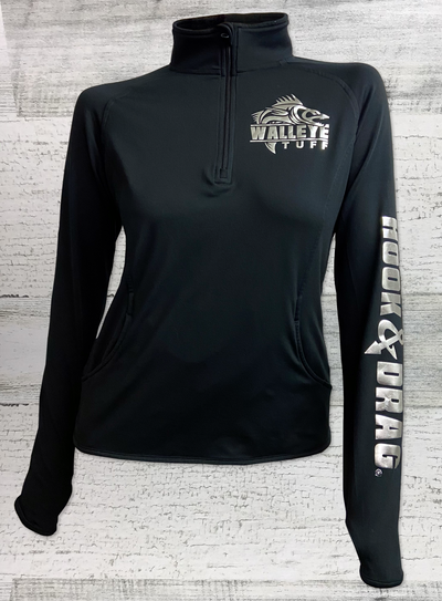 Walleye Tuff Sport-Tek® Ladies Sport-Wick® Stretch 1/2-Zip Pullover - Black - with THUMB HOLES