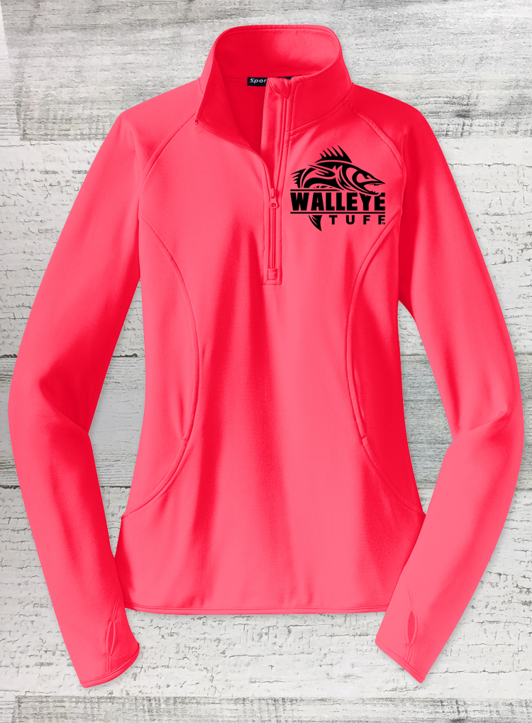 Walleye Tuff - Ladies Sport-Wick® Stretch 1/2-Zip Pullover - Coral- with THUMB HOLES