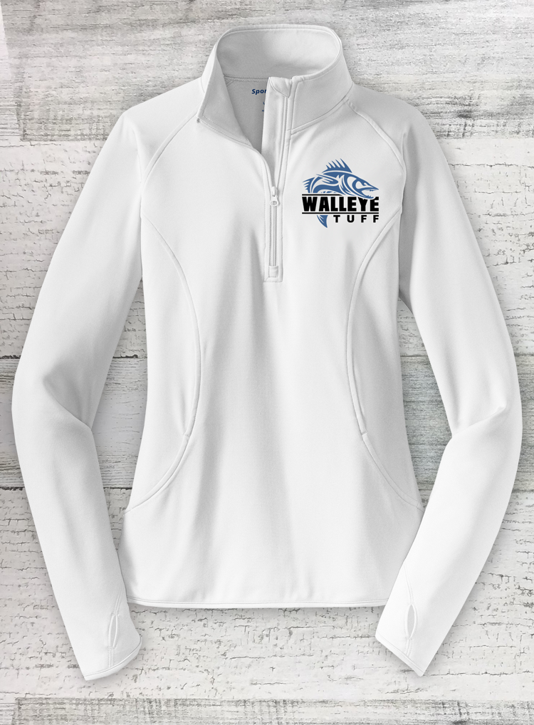 Walleye Tuff Sport-Tek® Ladies Sport-Wick® Stretch 1/2-Zip Pullover - White- with THUMB HOLES