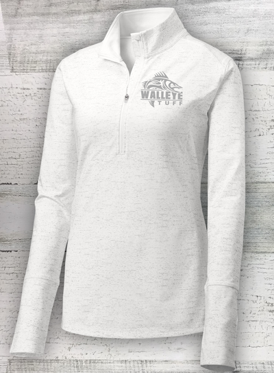 Walleye Tuff - Reflective -Ladies Sport-Wick ® Stretch Reflective Heather 1/2-Zip Pullover - White- with THUMB HOLES