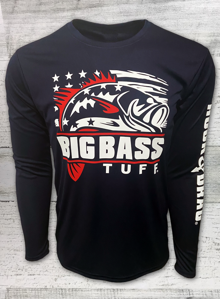 Big Bass Tuff - Patriot - Bass Shirt - Large Mouth UV 50 Navy Long Sle -  Hook & Drag