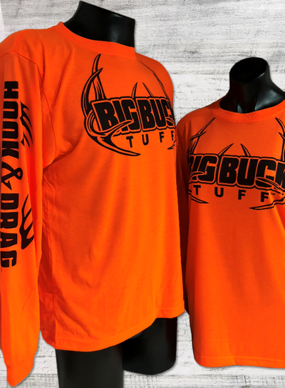 Big Buck Tuff Safety Orange - Long Sleeve-  heavy weight -Cotton feel - moisture wicking - performance shirt - hunting shirt