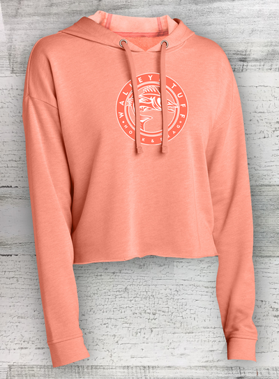 Walleye Tuff Ladies PosiCharge ® Tri-Blend Wicking Fleece Crop Hooded Pullover - Coral - fishing hoodie